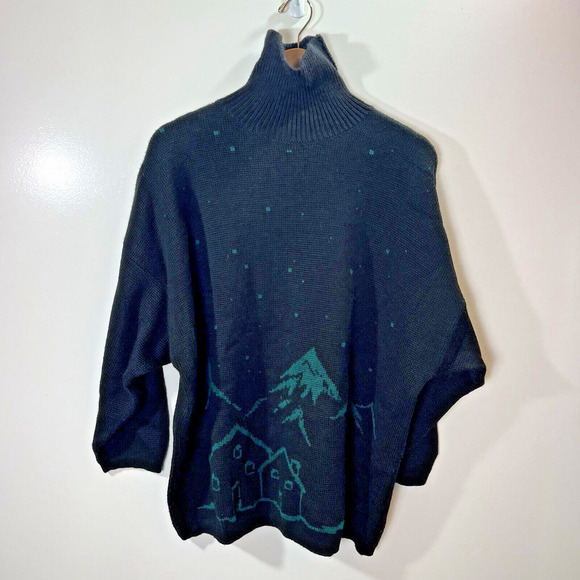 United Colors Of Benetton Sweaters - Benetton Womens Vintage Italian Wool Sweater Size M 8 EUR 44 Black Green Festive